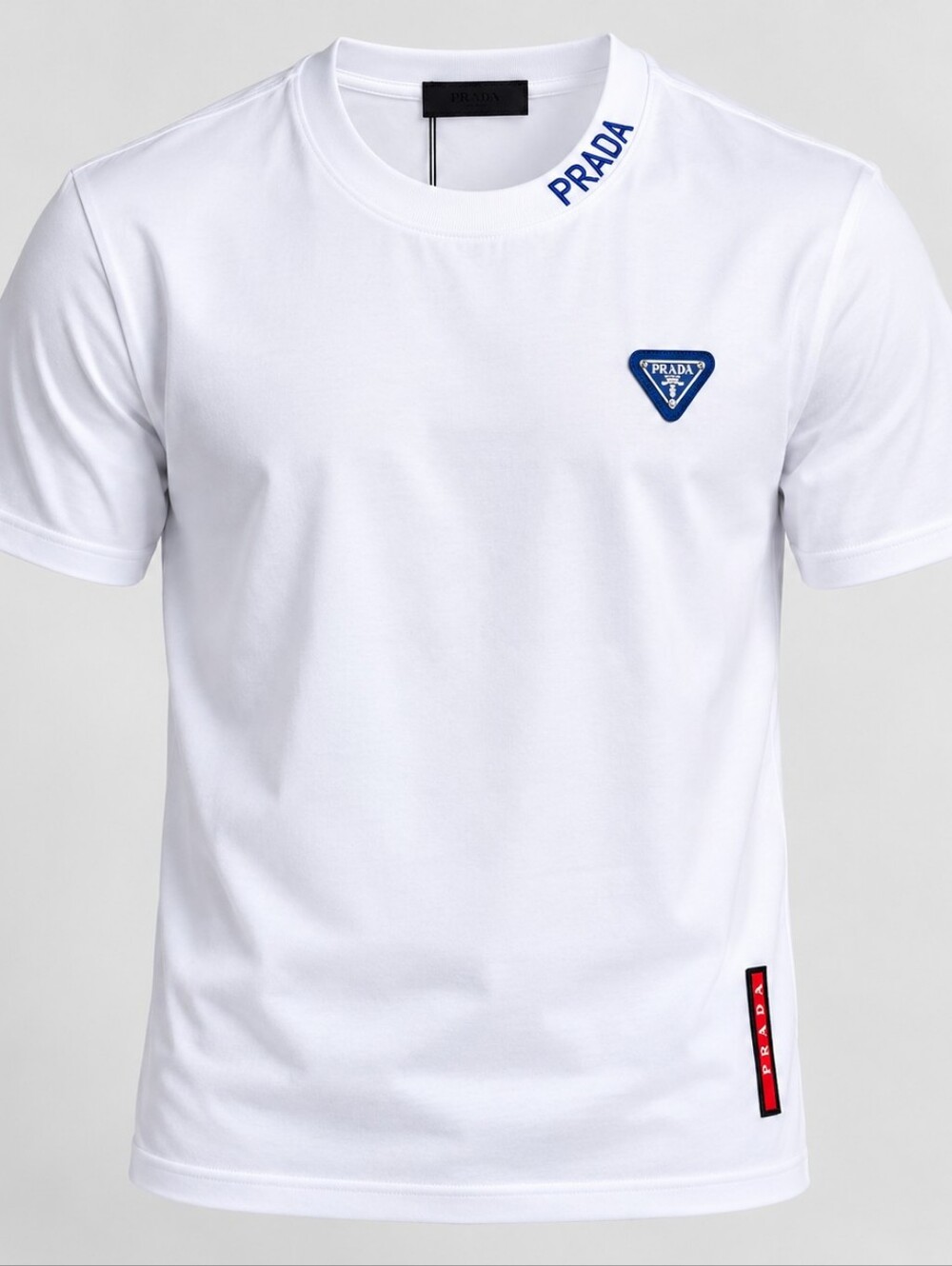 Prada White Short Sleeve Crew Tee with Red Logo Tab